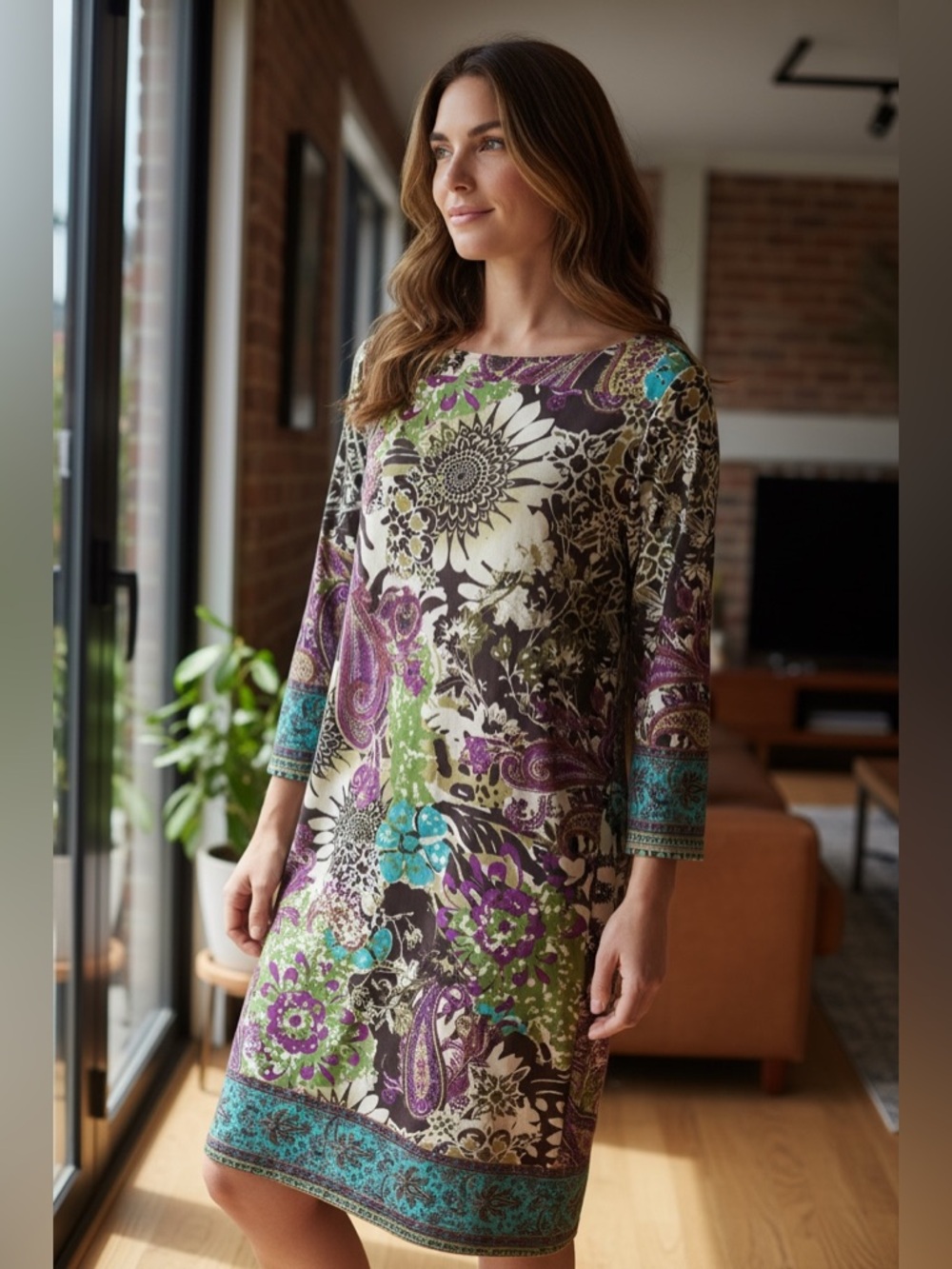 Beige by eci Floral Paisley Print Dress Purple, Green, Cream, Black Women’s 6